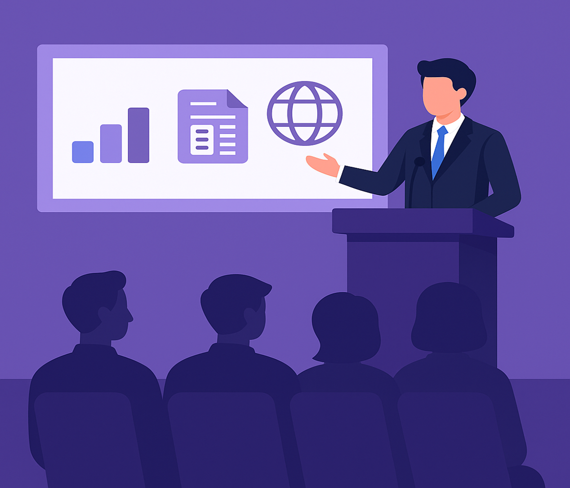 ارائه علمی در کنفرانس با سخنران و مخاطبان در سالن